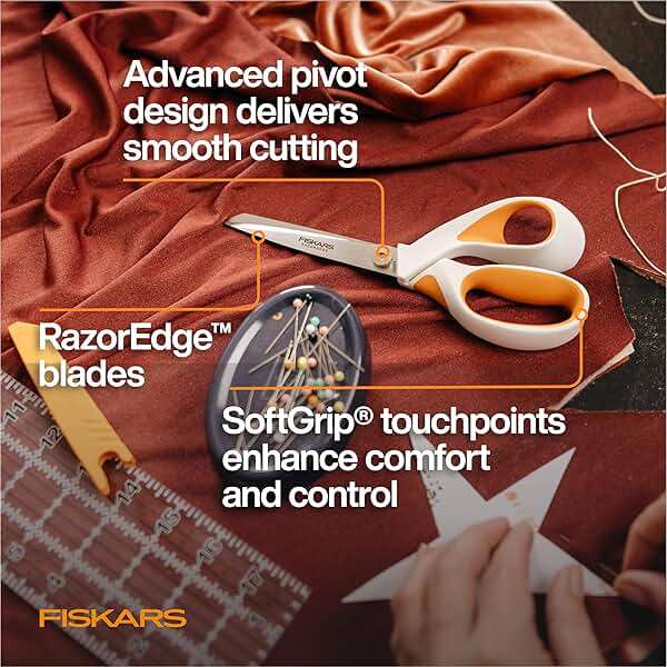 Fiskars RazorEdge Fabric Scissors, Heavy Duty Fabric Shears, Ultra-Sharp Stainless Steel Blades & SoftGrip Ergonomic Handle, 8”, White/Orange - Image 4