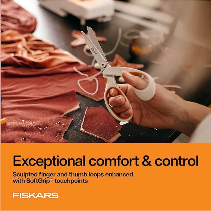 Fiskars RazorEdge Fabric Scissors, Heavy Duty Fabric Shears, Ultra-Sharp Stainless Steel Blades & SoftGrip Ergonomic Handle, 8”, White/Orange - Image 6