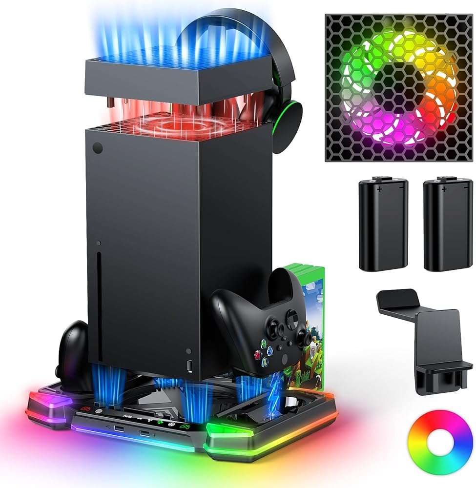 Top Auto Cooling Fan & Charge Stand for Xbox Series X Console with 11 Light Modes, Accessories Controller Wireless Charger Dock, 2*1400mAh Rechargeable Batteries, Headset Stand & Game Disc Storage - Image 1