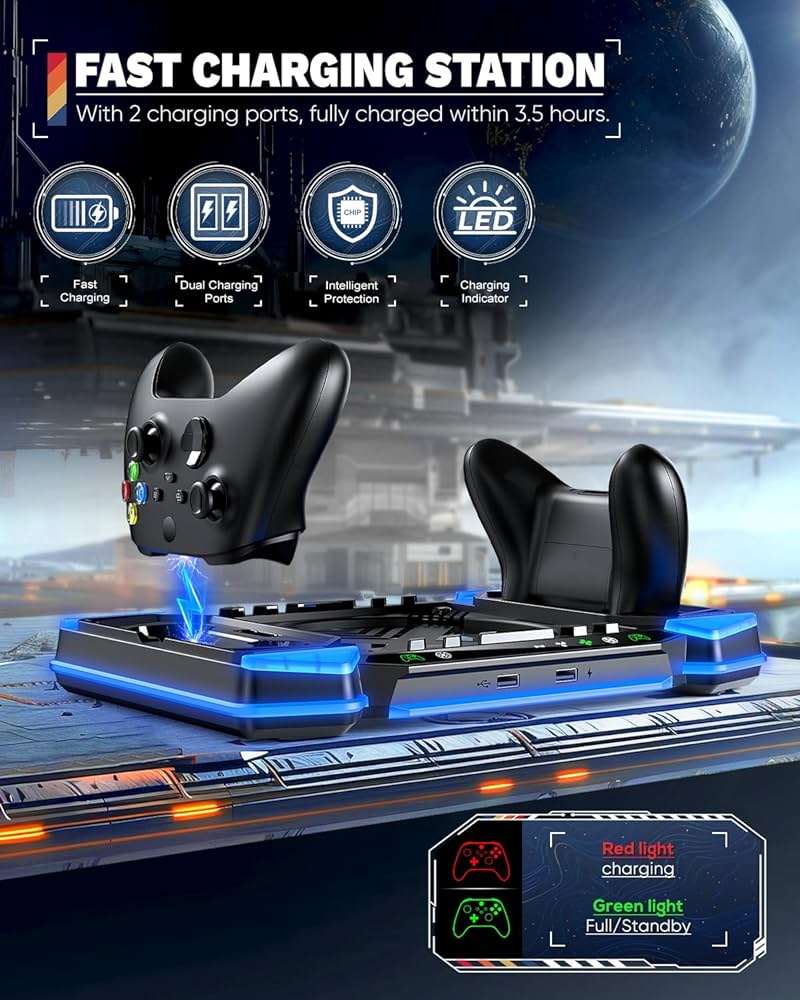 Top Auto Cooling Fan & Charge Stand for Xbox Series X Console with 11 Light Modes, Accessories Controller Wireless Charger Dock, 2*1400mAh Rechargeable Batteries, Headset Stand & Game Disc Storage - Image 4