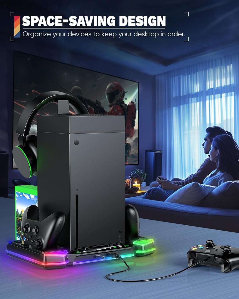 Top Auto Cooling Fan & Charge Stand for Xbox Series X Console with 11 Light Modes, Accessories Controller Wireless Charger Dock, 2*1400mAh Rechargeable Batteries, Headset Stand & Game Disc Storage - Image 8