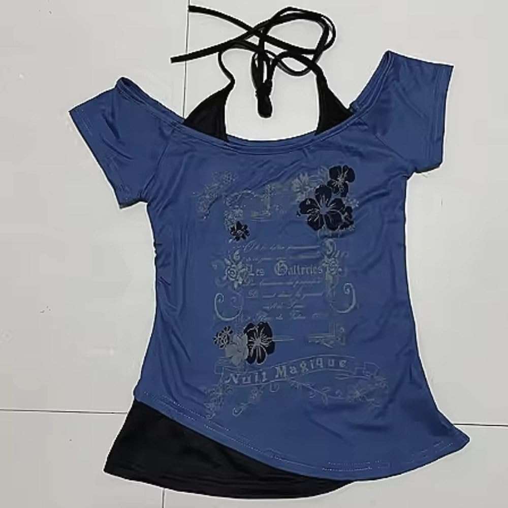 Baby Tee Y2k Women Grunge Top Emo 2000s Vintage Fake Two Piece Short Sleeve T Shirt Crop Tops Teens - Image 6