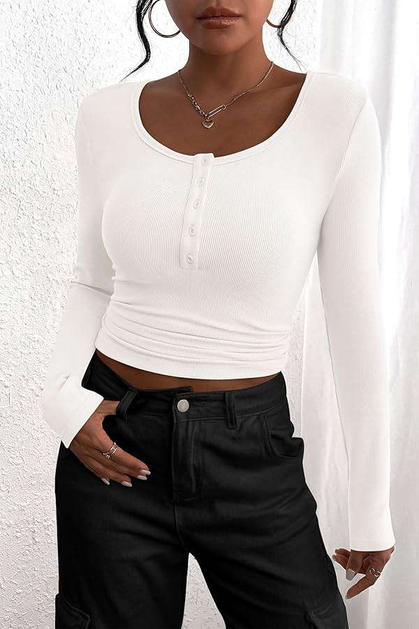 PRETTYGARDEN Women's 2026 Fall Long Sleeve Henley T Shirts Button Ribbed Knit Slim Fit Basic Tops Blouse Casual Outfits - Image 3