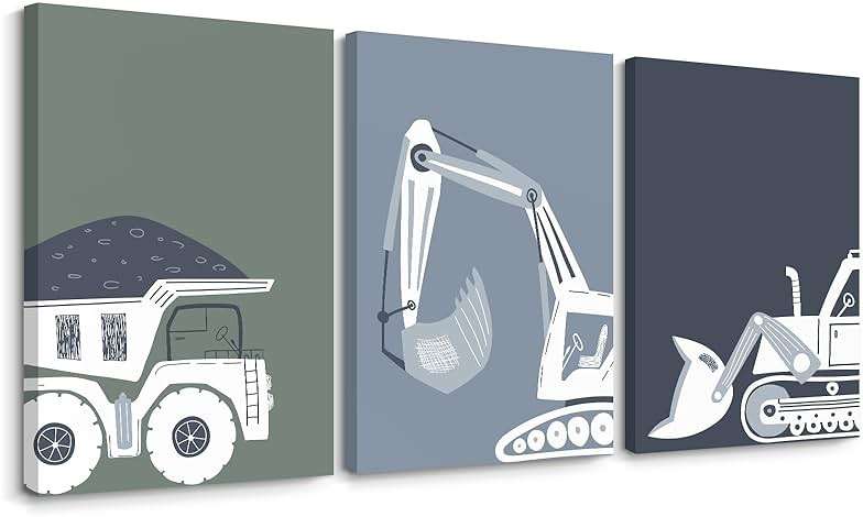 Construction Truck Wall Art Decor Toddler Boys Room Canvas Wall Art Tractor Vehicle Posters Dump Truck Wall Art Kids Bulldozer Pictures Nursery Prints for Boys Bedroom 12x16x3 Inch Wrapped Canvas - Image 1