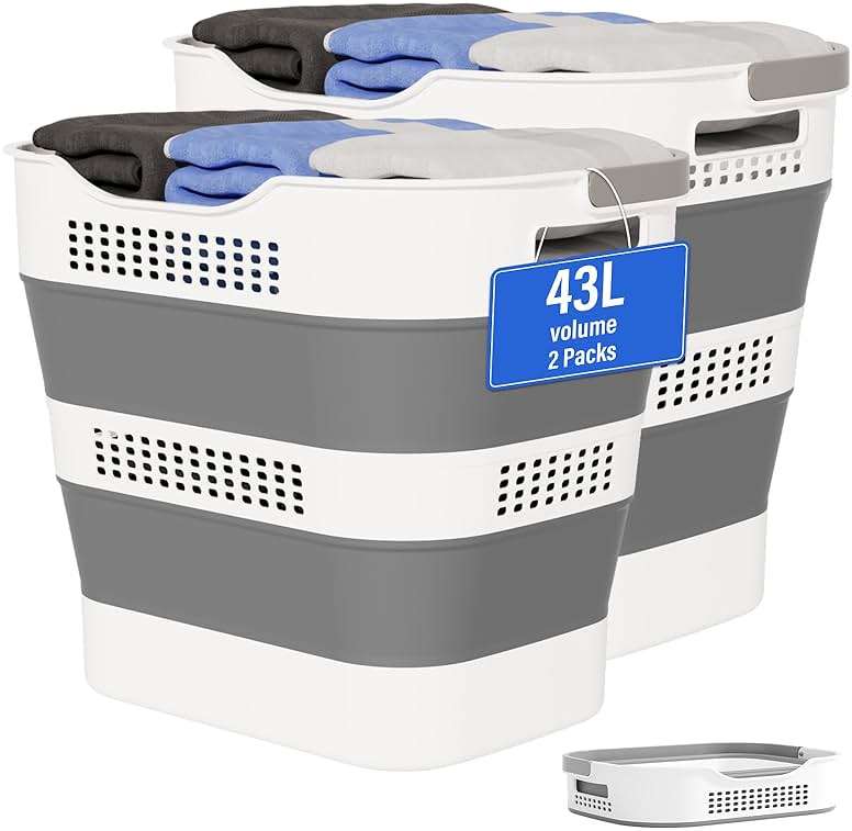 OOAMBB 43L+43L Collapsible Laundry Baskets plastic, Pop Up Laundry hamper/Storage Container, Foldable Laundry Basket with Handles, Durable,Space Saver (Grey, 2 Packs) - Image 1