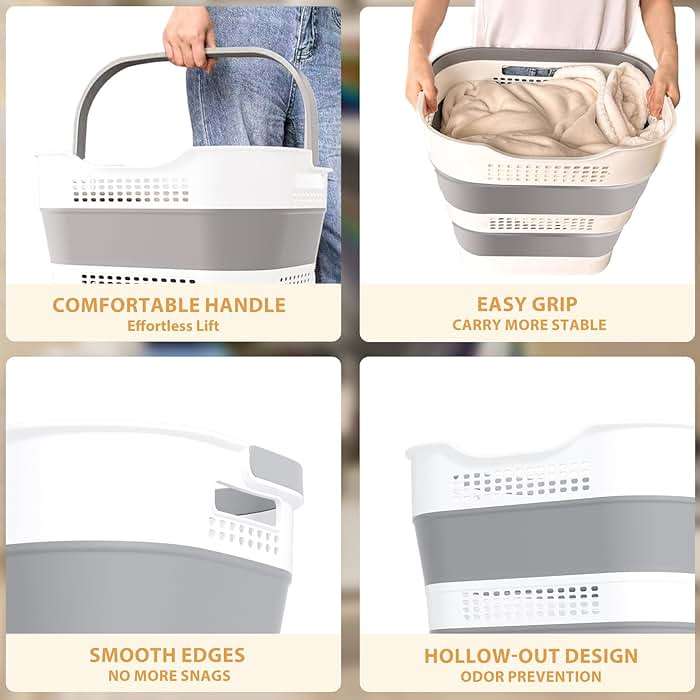 OOAMBB 43L+43L Collapsible Laundry Baskets plastic, Pop Up Laundry hamper/Storage Container, Foldable Laundry Basket with Handles, Durable,Space Saver (Grey, 2 Packs) - Image 6