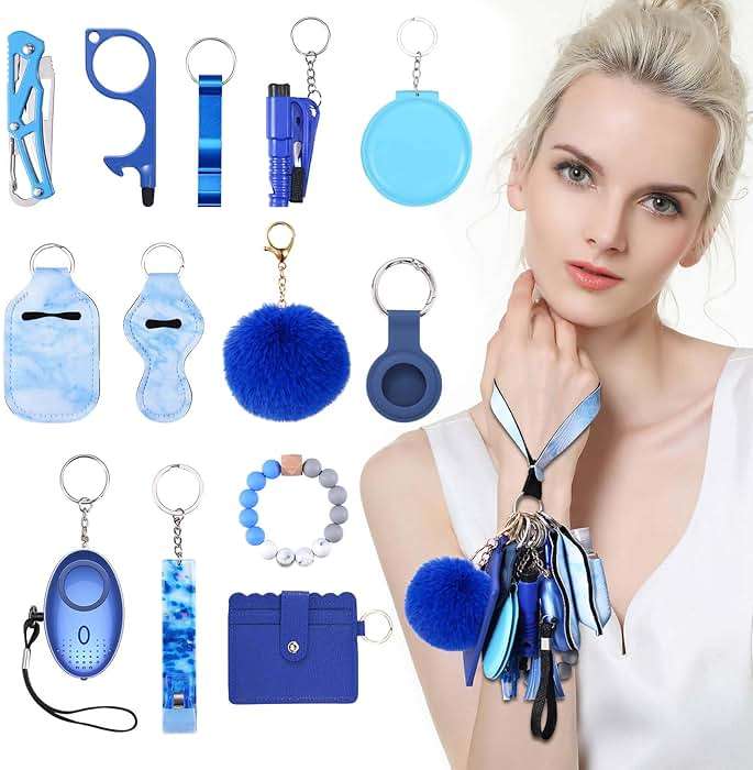 JXTZ Safety Keychain Set for Women, Wristlet Strap Keychain with Personal Alarm, Pom Pom, Wallet Card Holder, Bottle Opener, Travel Bottle Holder, Gift Set for Girls - Image 5
