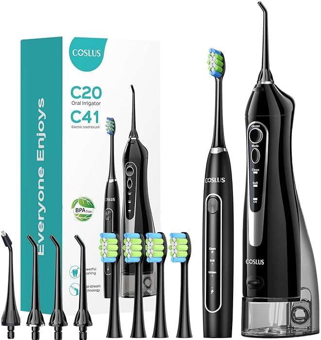 COSLUS C20 & C41 Portable Water Flosser with Electric Toothbrush Combo: 2-in-1 Oral Clean Kit for Teeth, Braces, Gums Care - Brushing & Flossing for Adults, Family, Travel Use, BPA-Free, Black - Image 1