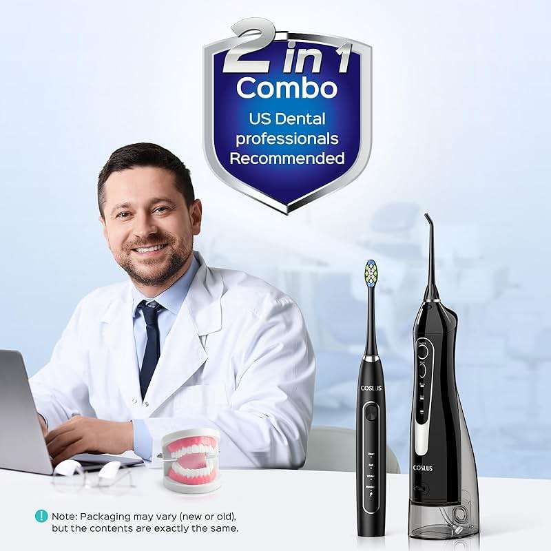 COSLUS C20 & C41 Portable Water Flosser with Electric Toothbrush Combo: 2-in-1 Oral Clean Kit for Teeth, Braces, Gums Care - Brushing & Flossing for Adults, Family, Travel Use, BPA-Free, Black - Image 3