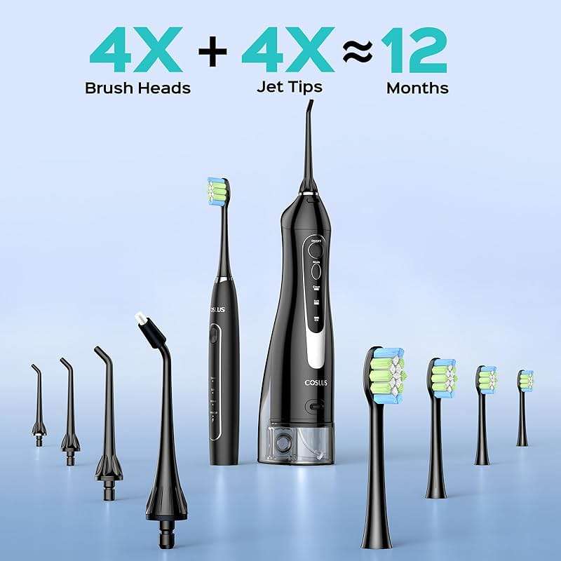 COSLUS C20 & C41 Portable Water Flosser with Electric Toothbrush Combo: 2-in-1 Oral Clean Kit for Teeth, Braces, Gums Care - Brushing & Flossing for Adults, Family, Travel Use, BPA-Free, Black - Image 7