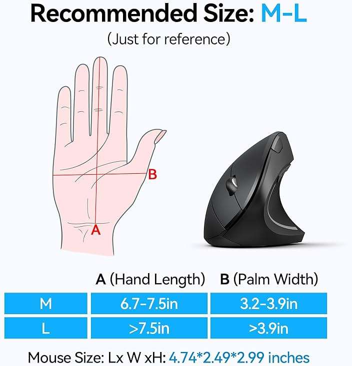TECKNET Ergonomic Mouse, Wireless Bluetooth Vertical Mouse, 4800 DPI Optical Tracking, 6 Adjustable DPI, Quiet Clicks, 2.4GHz with USB A Receiver, 12 Months Battery, 6 Buttons, Wide Compatibility - Image 3
