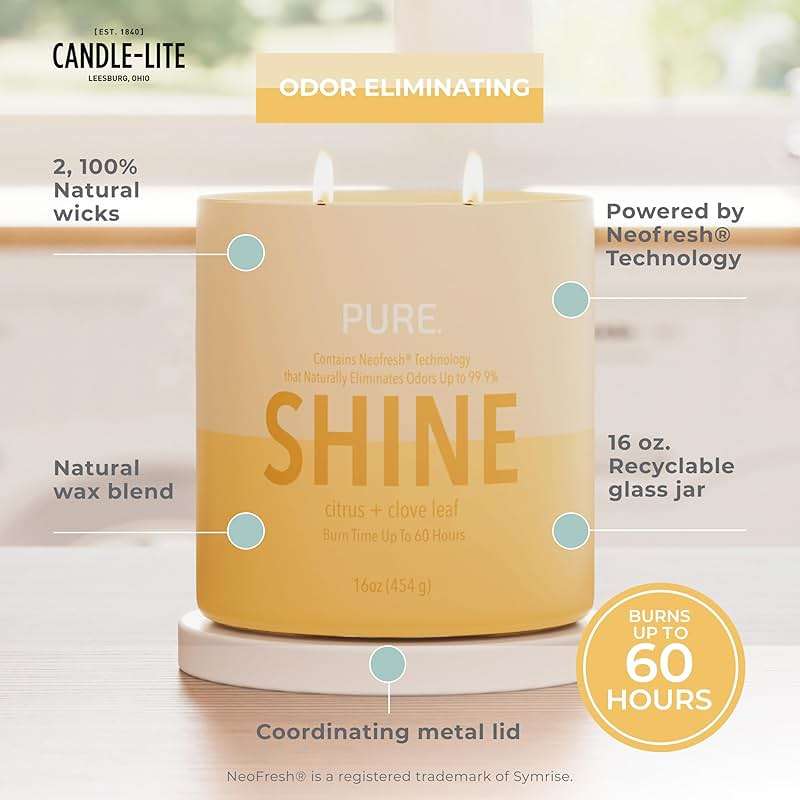 Candle-Lite Pure Citrus & Clove Leaf Odor Eliminating Scented Candles, Neofresh Technology Eliminates 99.9% of Odors, 16 oz 2-Wick Jar, Proudly Poured in The USA, Up to 60 Hours Burn Time - Image 2