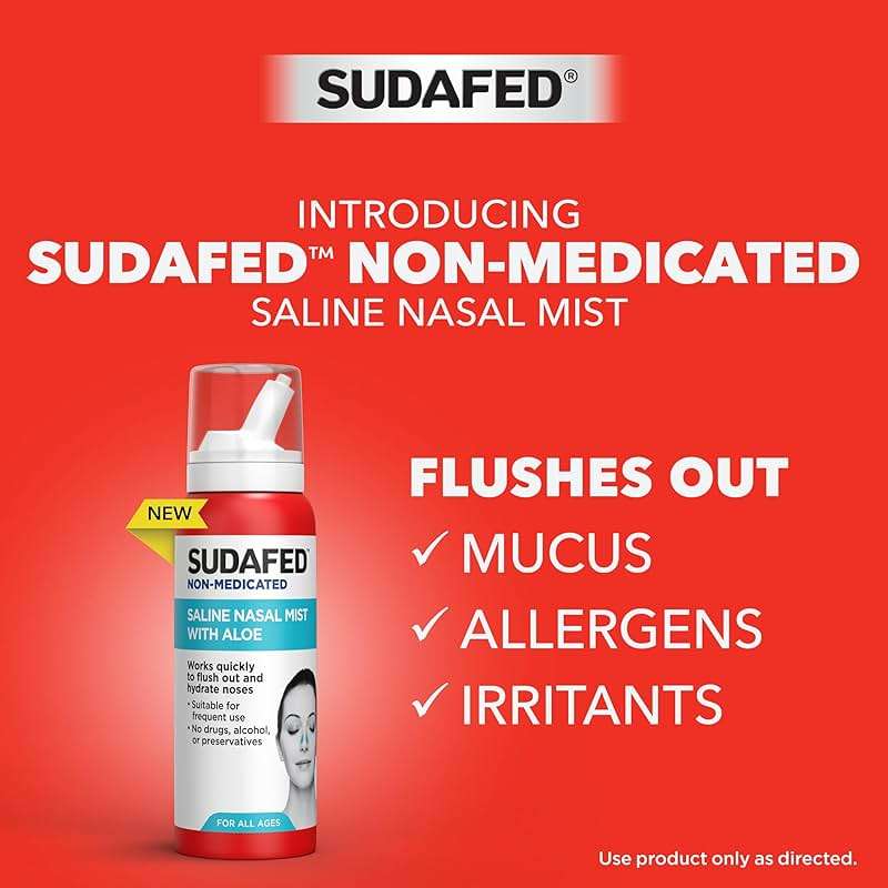 Sudafed Non-Medicated Saline Nasal Mist with Aloe, Sinus Saline Nose Spray for All Ages Quickly Flushes & Moisturizes Nasal Passages, Use Nasal Mist as Often As Needed, Drug-Free, 3 fl. oz - Image 2