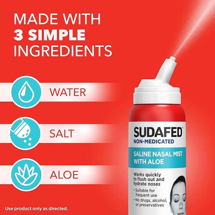 Sudafed Non-Medicated Saline Nasal Mist with Aloe, Sinus Saline Nose Spray for All Ages Quickly Flushes & Moisturizes Nasal Passages, Use Nasal Mist as Often As Needed, Drug-Free, 3 fl. oz - Image 4