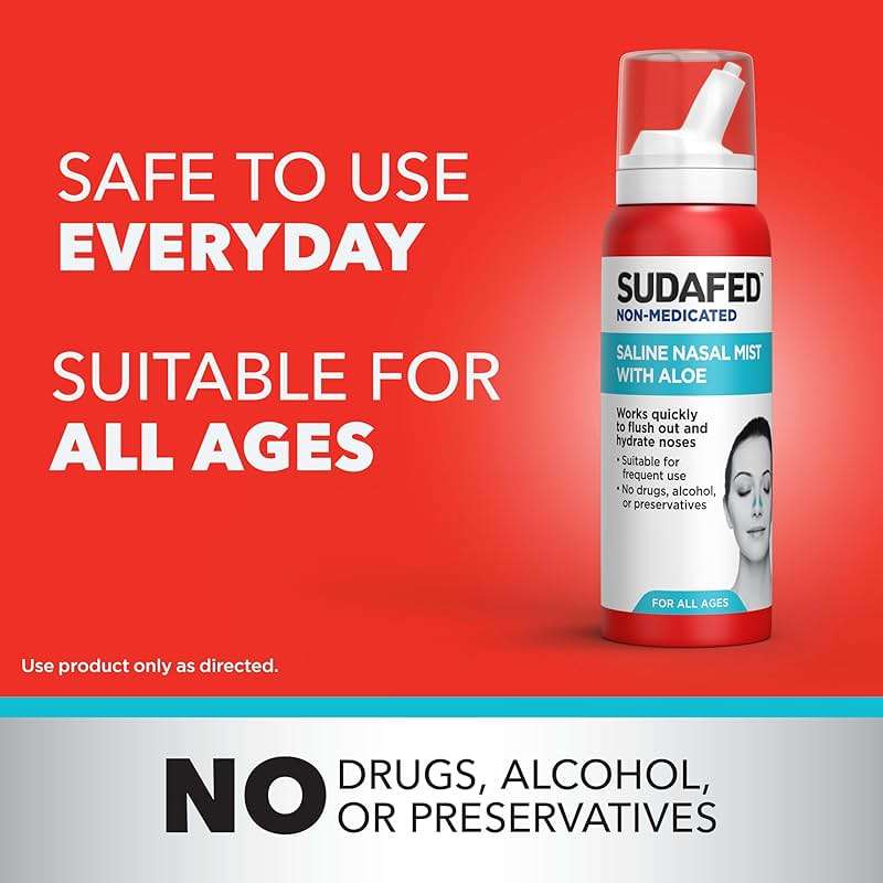 Sudafed Non-Medicated Saline Nasal Mist with Aloe, Sinus Saline Nose Spray for All Ages Quickly Flushes & Moisturizes Nasal Passages, Use Nasal Mist as Often As Needed, Drug-Free, 3 fl. oz - Image 5