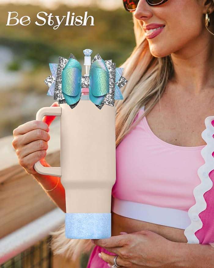 Toykee Cup Boot with Straw Cover for Stanley 40 30 oz - Cute Bow Straw Topper and Diamond Caps with Bottom Protector 3 PCS Sets for Tumbler Accessories - Image 5
