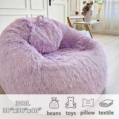 LIFEREVO Fluffy Faux Fur Bean Bag Chair Cover (No Filler), Ultra-soft Light Purple Stuffed Animal Storage Bean Bag Cover, Anti-slip Fuzzy Gaming Bean Bag Cover for for Kids Adults (Ombre Lavender) - Image 4