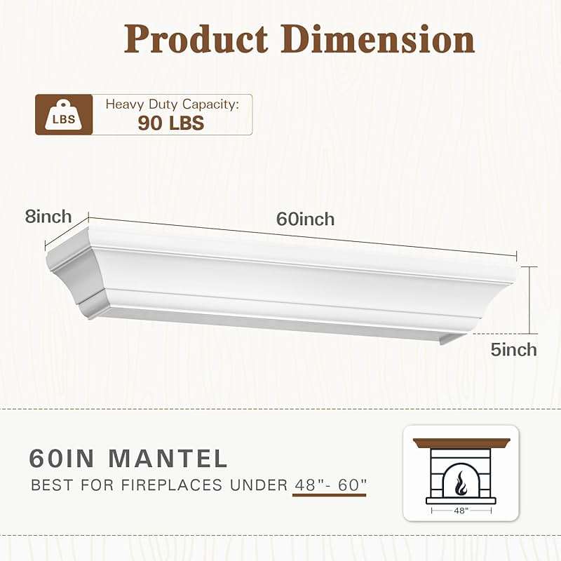 Eshoma Fireplace Mantel - 60 Inch Floating Shelf for Over Fireplace - Wood Mantel with Invisible Heavy Duty Wood Bracket - Floating Mantel Shelf for Wall, White, 60 X 8 X 6 - Image 2
