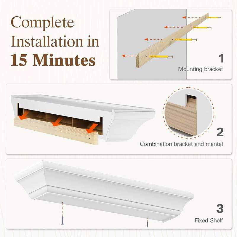 Eshoma Fireplace Mantel - 60 Inch Floating Shelf for Over Fireplace - Wood Mantel with Invisible Heavy Duty Wood Bracket - Floating Mantel Shelf for Wall, White, 60 X 8 X 6 - Image 5