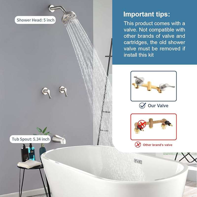 2 Handle Shower Faucet Set with Tub Spout Bathtub Shower Faucet Combo Set Shower System Complete Tub and Shower Trim Kit Wall Mounted Shower Fixtures Brushed Nickel - Image 2