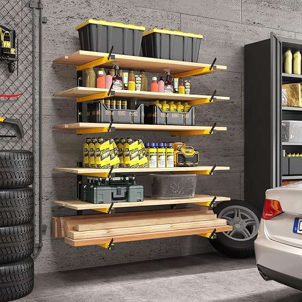 GREENER Lumber Storage Rack Folding Wood Storage Racks Wall-Mounted Metal Racks for Storage with 3-Level Heavy Duty Garage Wood Organizer for Woodworking Shop Indoor & Outdoor Use, 4 pairs,Yellow - Image 2