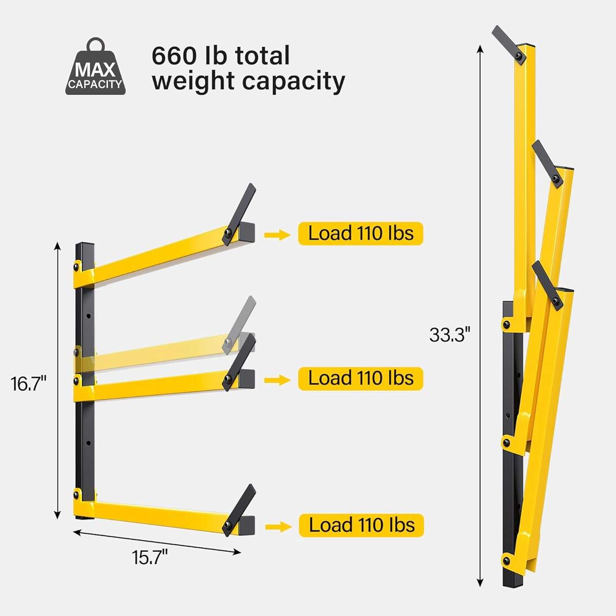 GREENER Lumber Storage Rack Folding Wood Storage Racks Wall-Mounted Metal Racks for Storage with 3-Level Heavy Duty Garage Wood Organizer for Woodworking Shop Indoor & Outdoor Use, 4 pairs,Yellow - Image 3