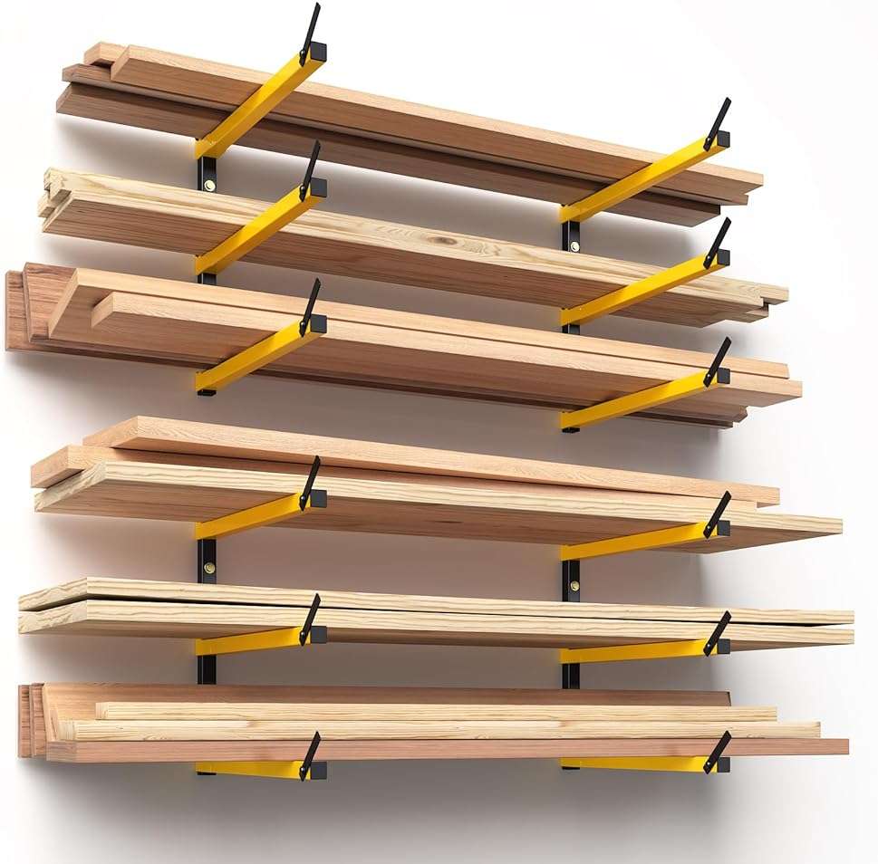 GREENER Lumber Storage Rack Folding Wood Storage Racks Wall-Mounted Metal Racks for Storage with 3-Level Heavy Duty Garage Wood Organizer for Woodworking Shop Indoor & Outdoor Use, 4 pairs,Yellow - Image 4
