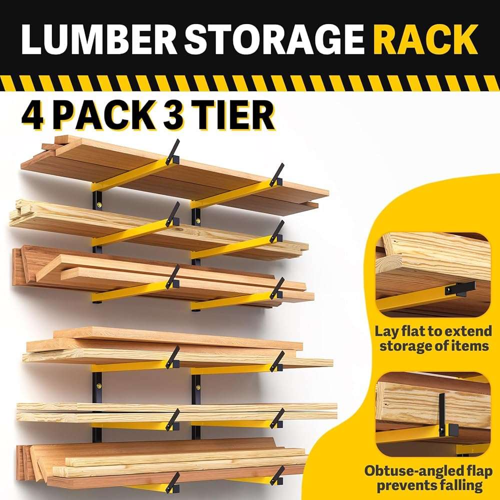 GREENER Lumber Storage Rack Folding Wood Storage Racks Wall-Mounted Metal Racks for Storage with 3-Level Heavy Duty Garage Wood Organizer for Woodworking Shop Indoor & Outdoor Use, 4 pairs,Yellow - Image 5