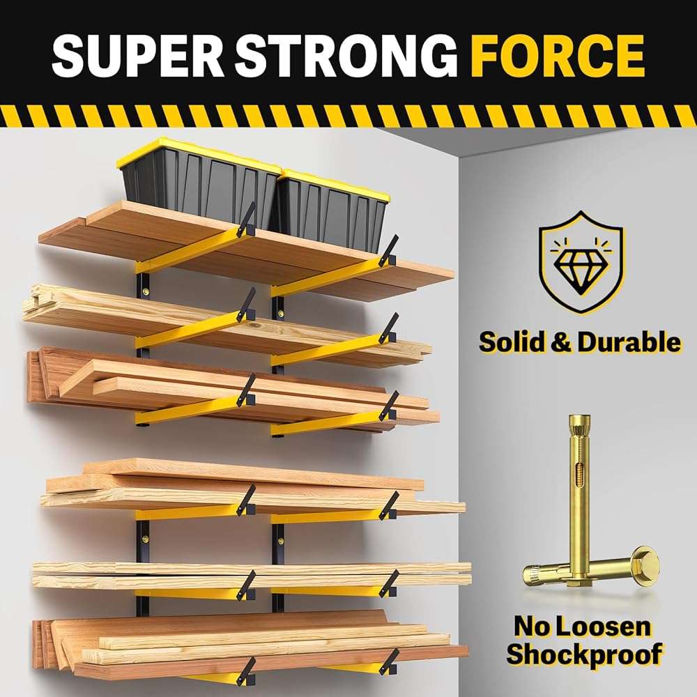 GREENER Lumber Storage Rack Folding Wood Storage Racks Wall-Mounted Metal Racks for Storage with 3-Level Heavy Duty Garage Wood Organizer for Woodworking Shop Indoor & Outdoor Use, 4 pairs,Yellow - Image 6