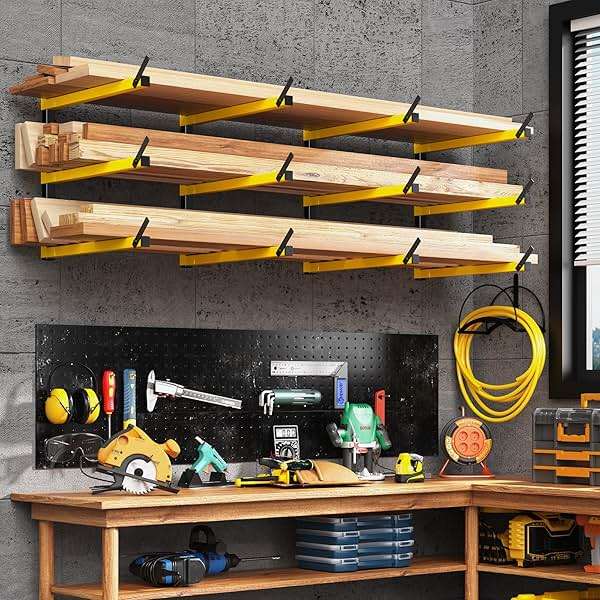 GREENER Lumber Storage Rack Folding Wood Storage Racks Wall-Mounted Metal Racks for Storage with 3-Level Heavy Duty Garage Wood Organizer for Woodworking Shop Indoor & Outdoor Use, 4 pairs,Yellow - Image 7
