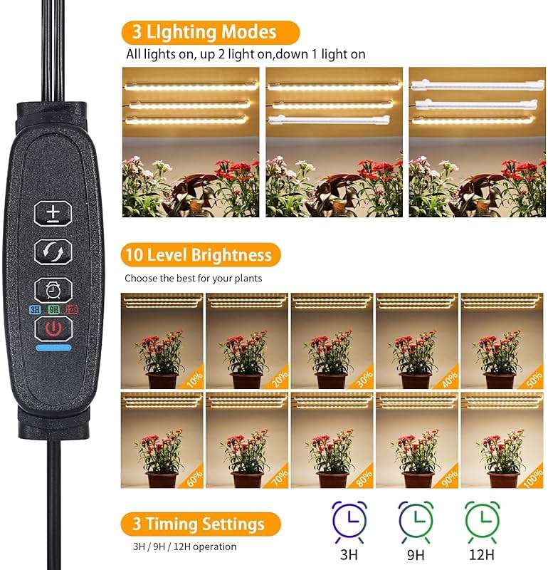 LED Grow Light Strips, Grow Lights for Indoor Plants Full Spectrum 3000K, Plant Light Bar with 3/9/12H Timer, 10 Dimmable Levels for Seedling Succulent,Best Match for Plant Shelf(3 Head×2 Pack) - Image 3