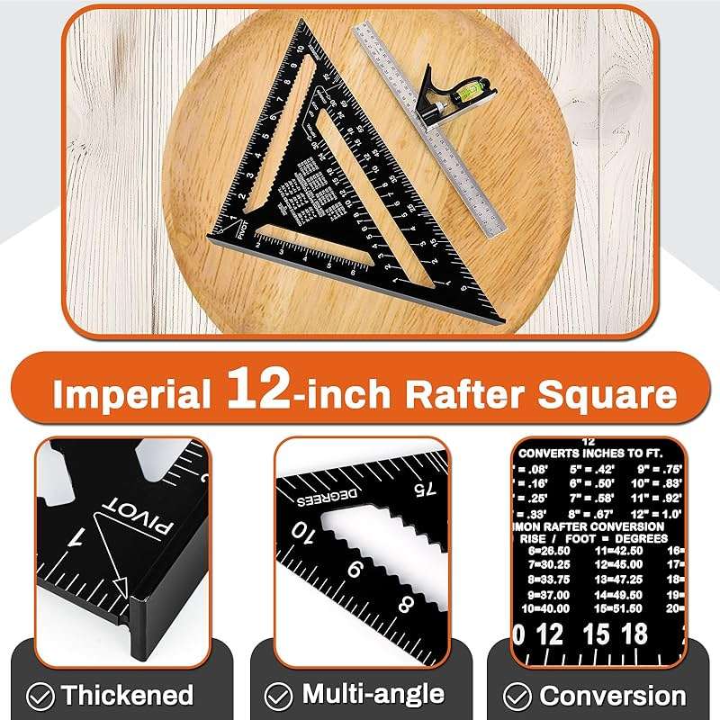 12" Advanced Rafter Square and Combination Square Set, 12 Inch Imperial Carpenter Square Woodworking Framing Square, Triangle Protractor Layout Ruler Tool - Image 3