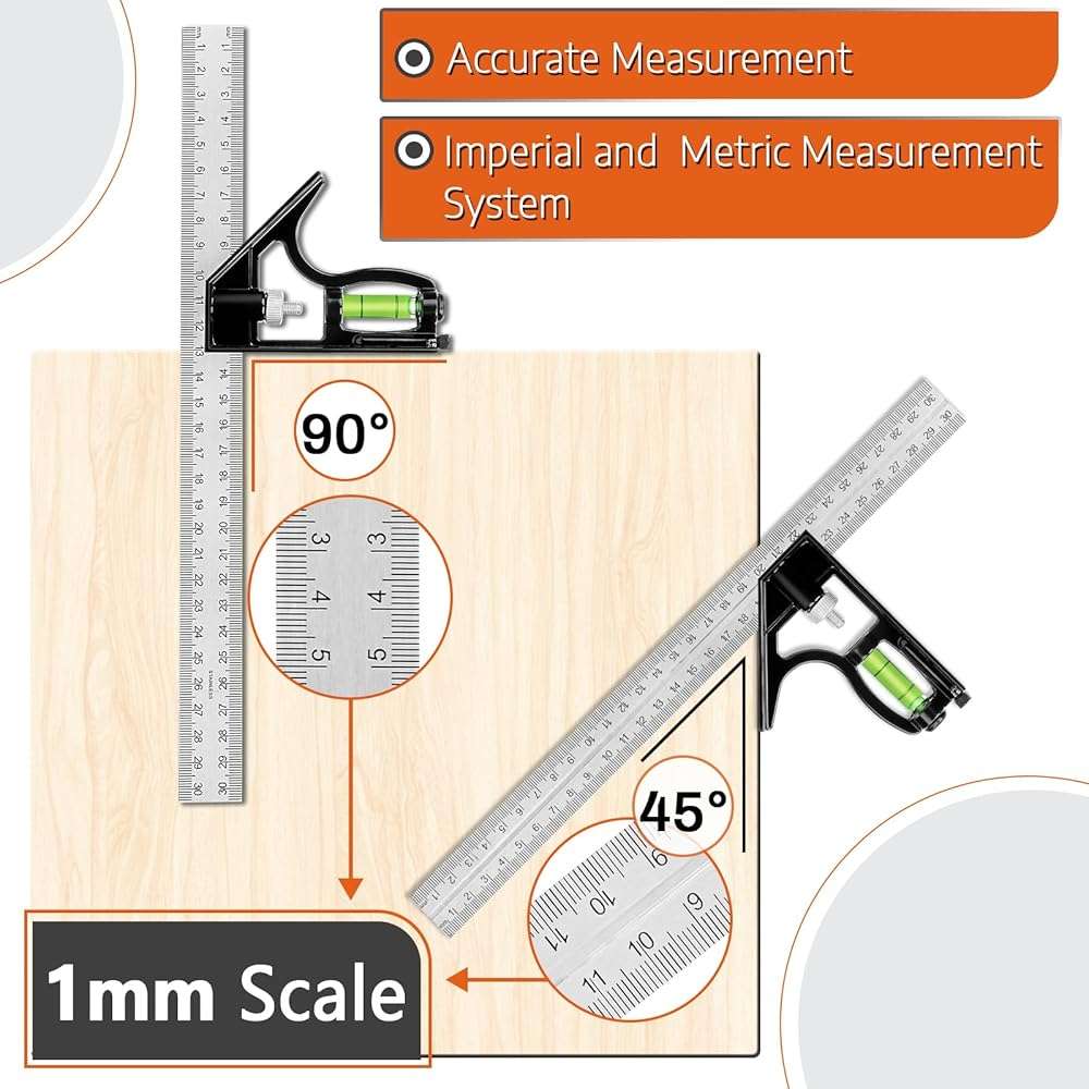 12" Advanced Rafter Square and Combination Square Set, 12 Inch Imperial Carpenter Square Woodworking Framing Square, Triangle Protractor Layout Ruler Tool - Image 4