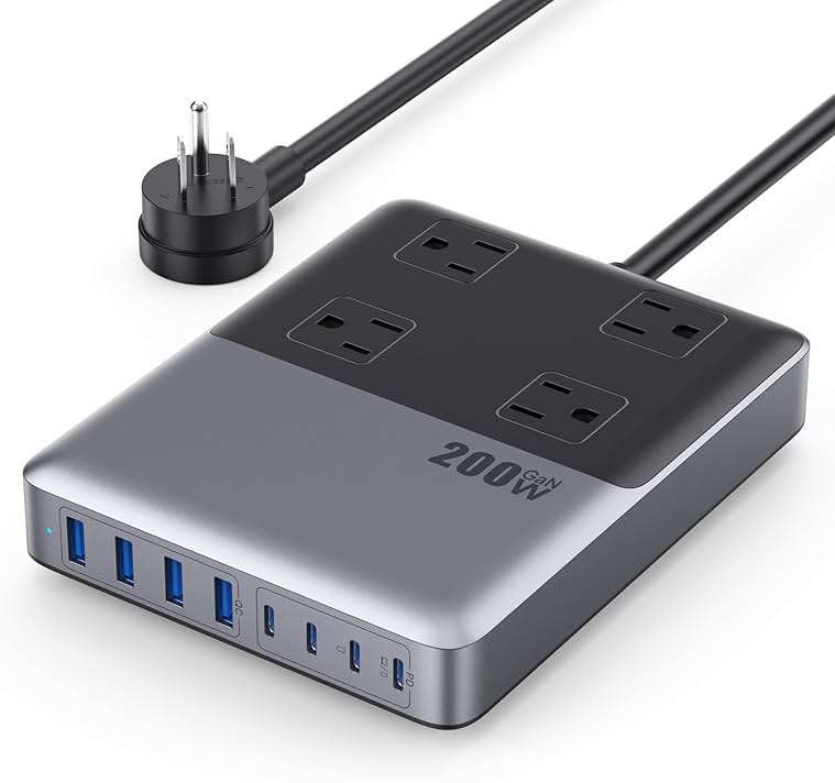 12-in-1 Charging Station USB C Power Strip with 5ft Cord and Plug,200W GaN IV USB C Charger Block,4 AC Outlets,8 USB for MacBook,iPhone 17/16/15,Fast Charging Desktop Charger for Office,Home - Image 1