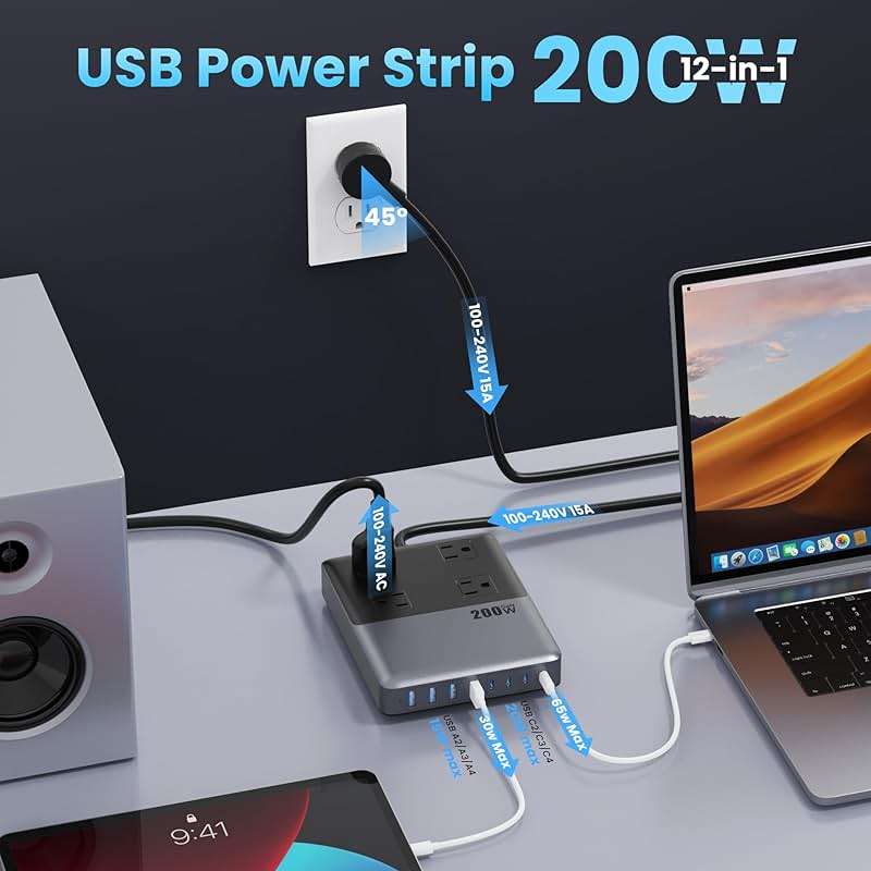 12-in-1 Charging Station USB C Power Strip with 5ft Cord and Plug,200W GaN IV USB C Charger Block,4 AC Outlets,8 USB for MacBook,iPhone 17/16/15,Fast Charging Desktop Charger for Office,Home - Image 3