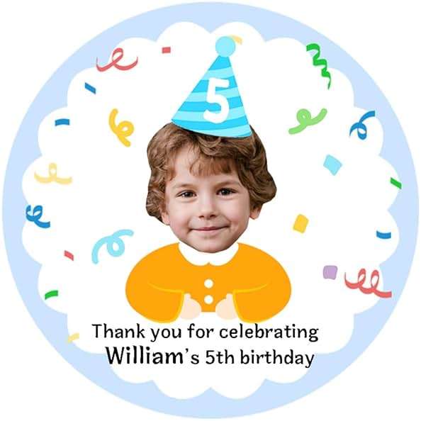 JJJ Design Custom Birthday Thank You Stickers with Face Photo 2 Inch 12 pcs Custom Photo Thank You Labels for Goodie Bag Face Photo Stickers (Blue) - Image 1