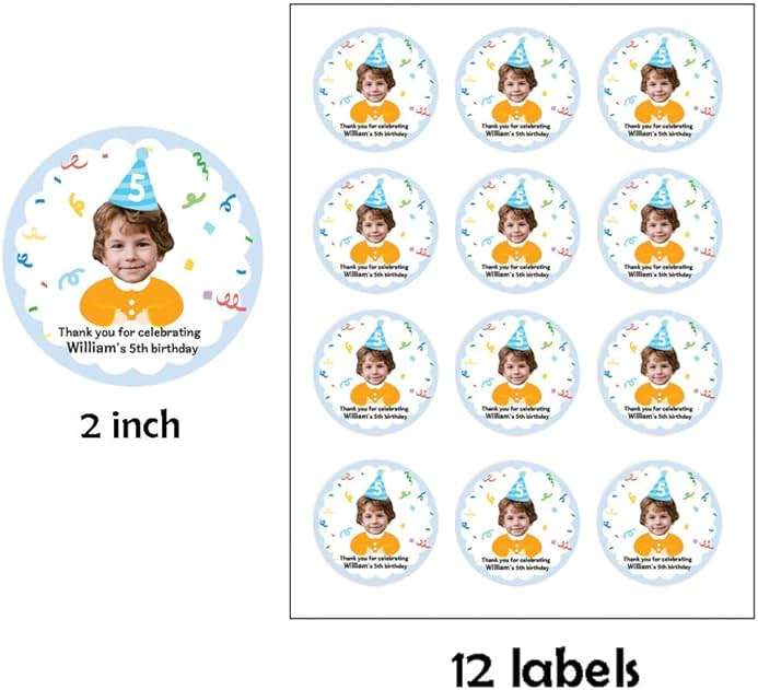JJJ Design Custom Birthday Thank You Stickers with Face Photo 2 Inch 12 pcs Custom Photo Thank You Labels for Goodie Bag Face Photo Stickers (Blue) - Image 2