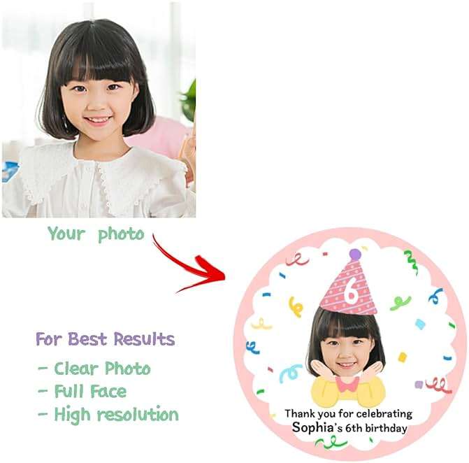 JJJ Design Custom Birthday Thank You Stickers with Face Photo 2 Inch 12 pcs Custom Photo Thank You Labels for Goodie Bag Face Photo Stickers (Blue) - Image 6