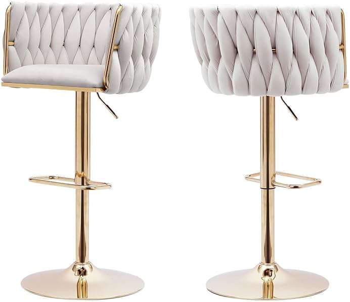 ECHINGLE Bar Stools Set of 2, Adjustable Swivel Counter Height Barstools with Woven Back & Gold Legs, Velvet Bar Chairs for Kitchen Island, Pub, 350lbs(Beige) - Image 1