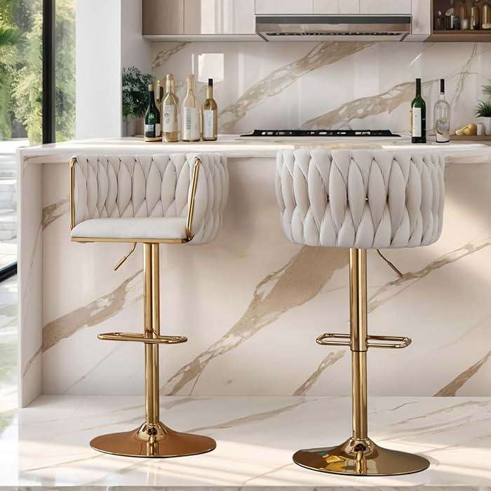 ECHINGLE Bar Stools Set of 2, Adjustable Swivel Counter Height Barstools with Woven Back & Gold Legs, Velvet Bar Chairs for Kitchen Island, Pub, 350lbs(Beige) - Image 2