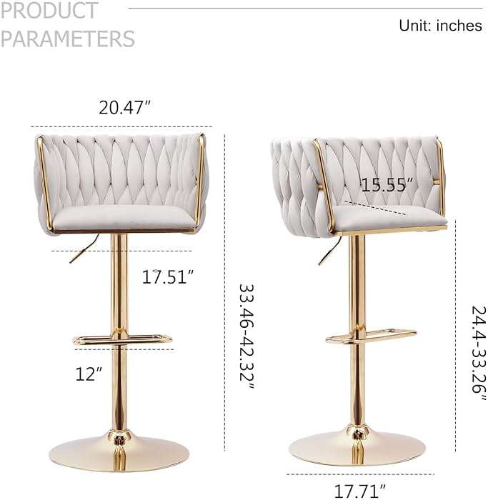 ECHINGLE Bar Stools Set of 2, Adjustable Swivel Counter Height Barstools with Woven Back & Gold Legs, Velvet Bar Chairs for Kitchen Island, Pub, 350lbs(Beige) - Image 3