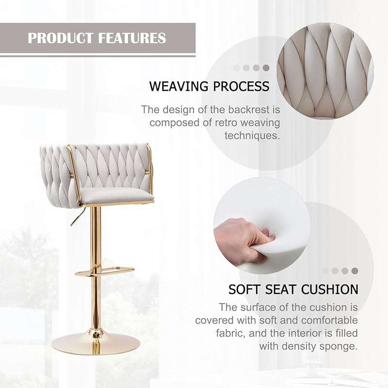 ECHINGLE Bar Stools Set of 2, Adjustable Swivel Counter Height Barstools with Woven Back & Gold Legs, Velvet Bar Chairs for Kitchen Island, Pub, 350lbs(Beige) - Image 5