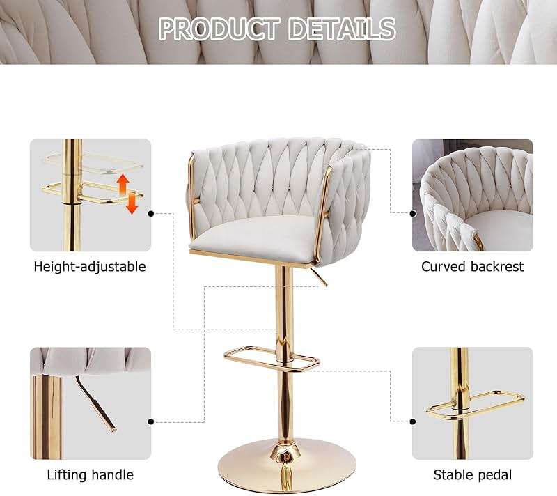ECHINGLE Bar Stools Set of 2, Adjustable Swivel Counter Height Barstools with Woven Back & Gold Legs, Velvet Bar Chairs for Kitchen Island, Pub, 350lbs(Beige) - Image 6