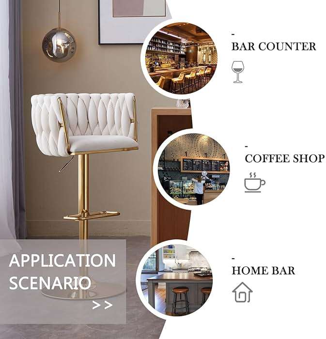 ECHINGLE Bar Stools Set of 2, Adjustable Swivel Counter Height Barstools with Woven Back & Gold Legs, Velvet Bar Chairs for Kitchen Island, Pub, 350lbs(Beige) - Image 7