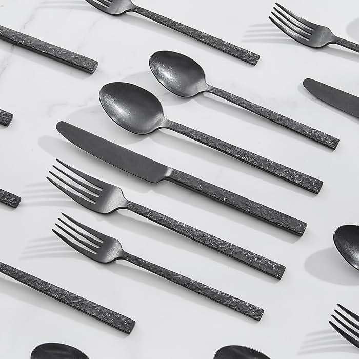 KINGSTONE 40 Pcs Black Hammered Silverware Set for 8, 18/10 Stainless Steel Heavy Duty Flatware Set, Tableware Cutlery Utensil Sets for Home Restaurant Dishwasher Safe - Image 4