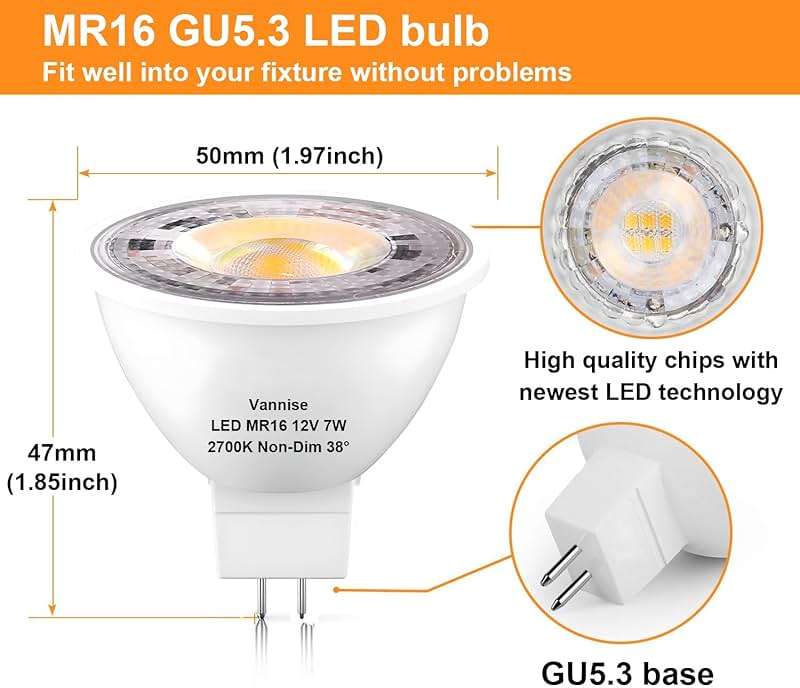Vannise MR16 GU5.3 LED Bulb 2700K Soft White, 6 Pack MR16 LED Bulbs for Landscape Lighting 450LM 7W, Equivalent 50W, No Flicker GU5.3 Base, Non-Dimmable Light Bulbs for Indoor & Outdoor - Image 2