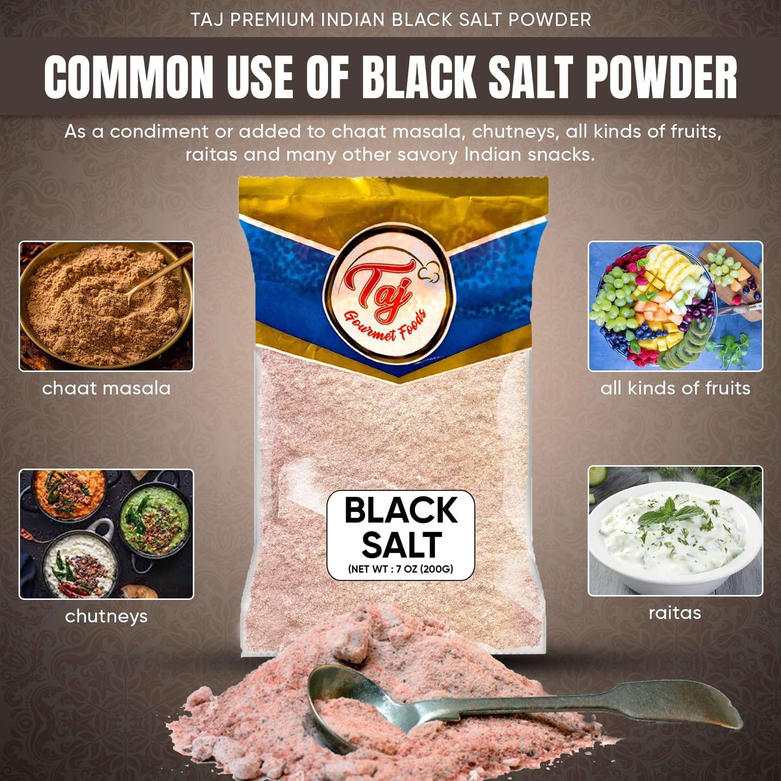 TAJ Black Salt Powder 7-Ounce (200g) | Kala Namak | Vegan & Gluten Friendly, GMO Free - Image 3
