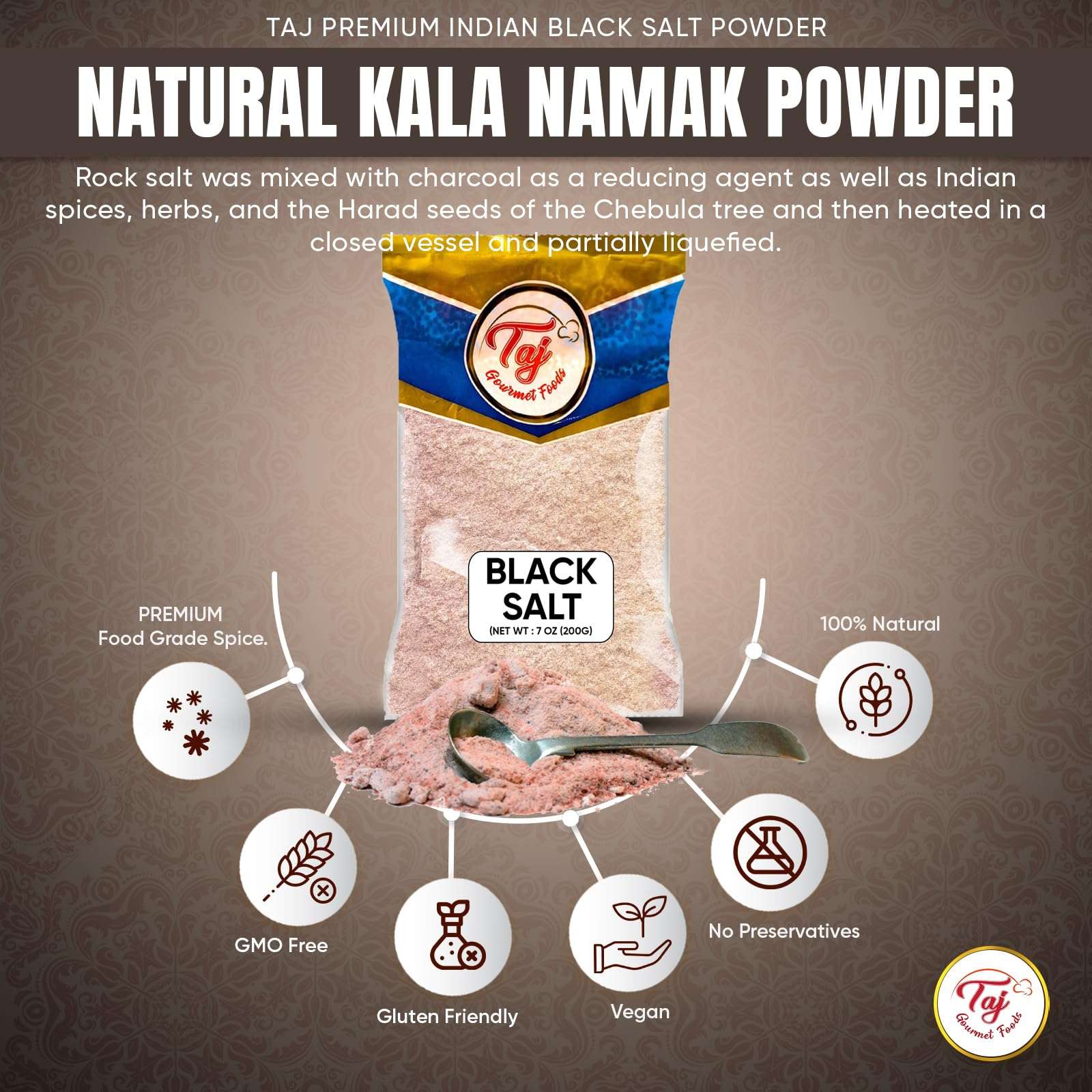 TAJ Black Salt Powder 7-Ounce (200g) | Kala Namak | Vegan & Gluten Friendly, GMO Free - Image 7