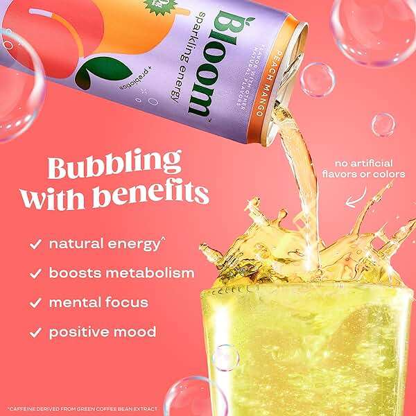 Bloom Nutrition Sparkling Energy Drink - Natural Caffeine, Zero Sugar, 180mg Caffeine - Antioxidant-Rich w/Green Coffee Bean, Green Tea Extract, Prebiotics - 12oz 12 pk - Image 4