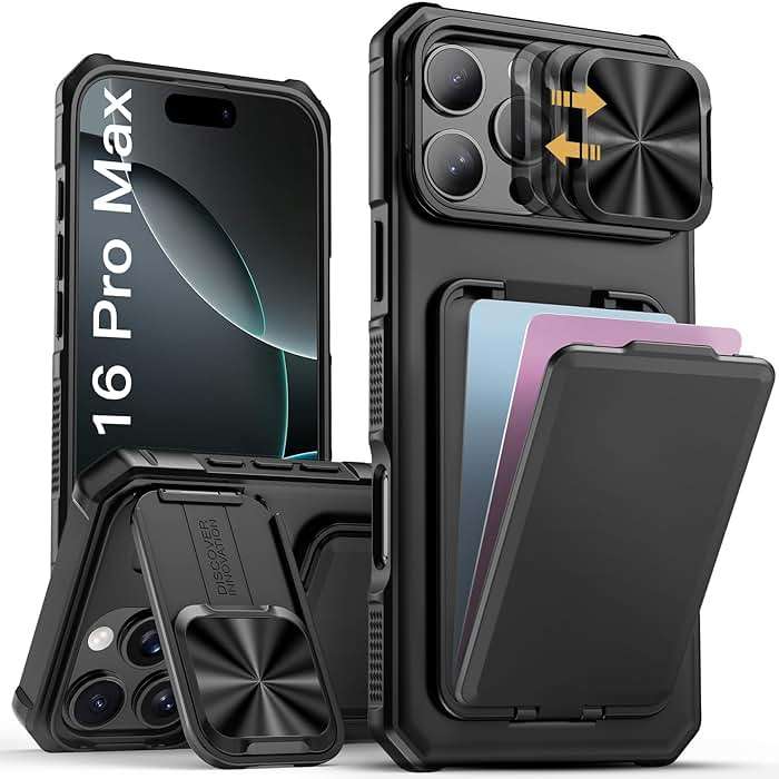 SSLOTSCASE for iPhone 16 Pro Max Case with Card Holder & Kickstand & Slide Camera Lens Cover, Silicone Edge Protection Rugged Heavy Duty Phone Case Cover for iPhone 16 Pro Max 6.9'' 2024, Black - Image 1